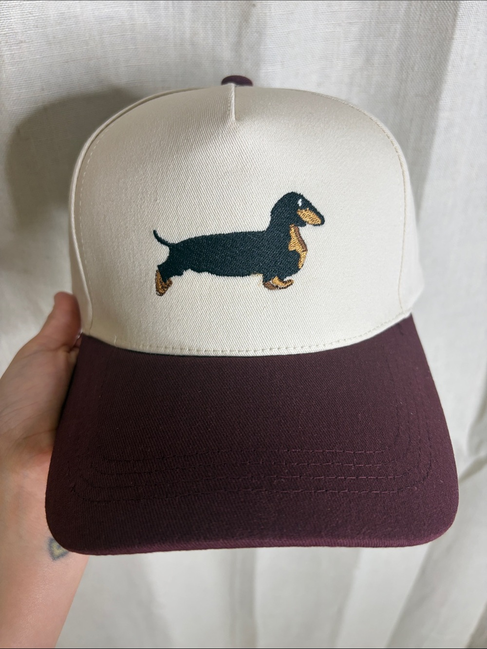 C.C Cream & Burgundy Dachshund Embroidered Dog Baseball Cap